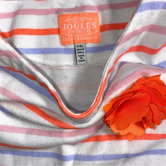 Joules cream, melon, periwinkle, and pink striped dress with flower size 9-10 y - Picture 2 of 5